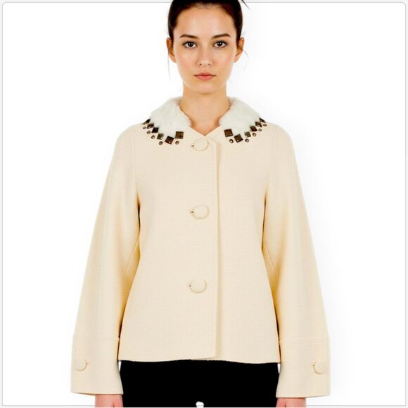 Rebecca Taylor Ivory White Fur Metal Studded Coat Jacket Vintage Style New NWT 4 - Picture 1 of 6
